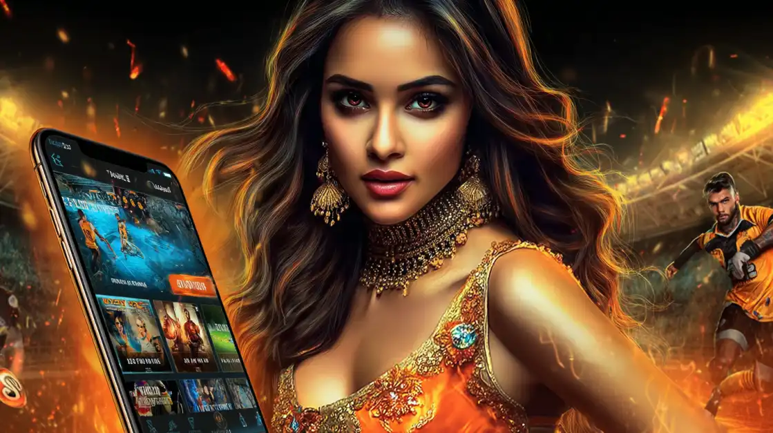 Elegant woman in traditional golden outfit holding smartphone with 6033bet.com app interface, stadium lights shining with fiery sports gaming atmosphere