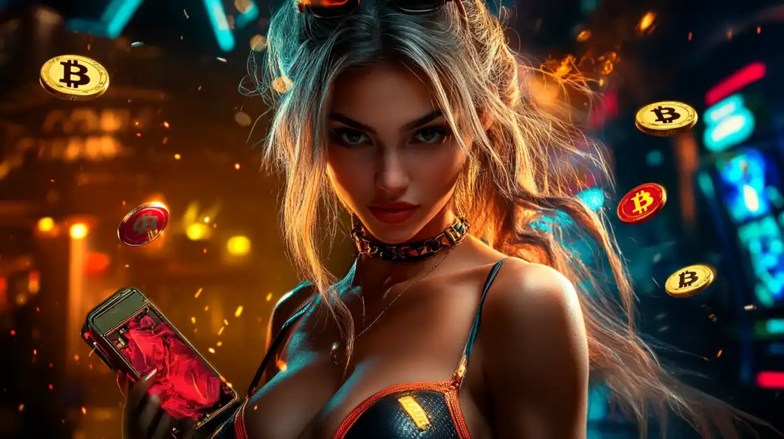 Elegant woman in golden outfit holding smartphone with 6033bet.com bonus slot screen, surrounded by glowing Bitcoin coins