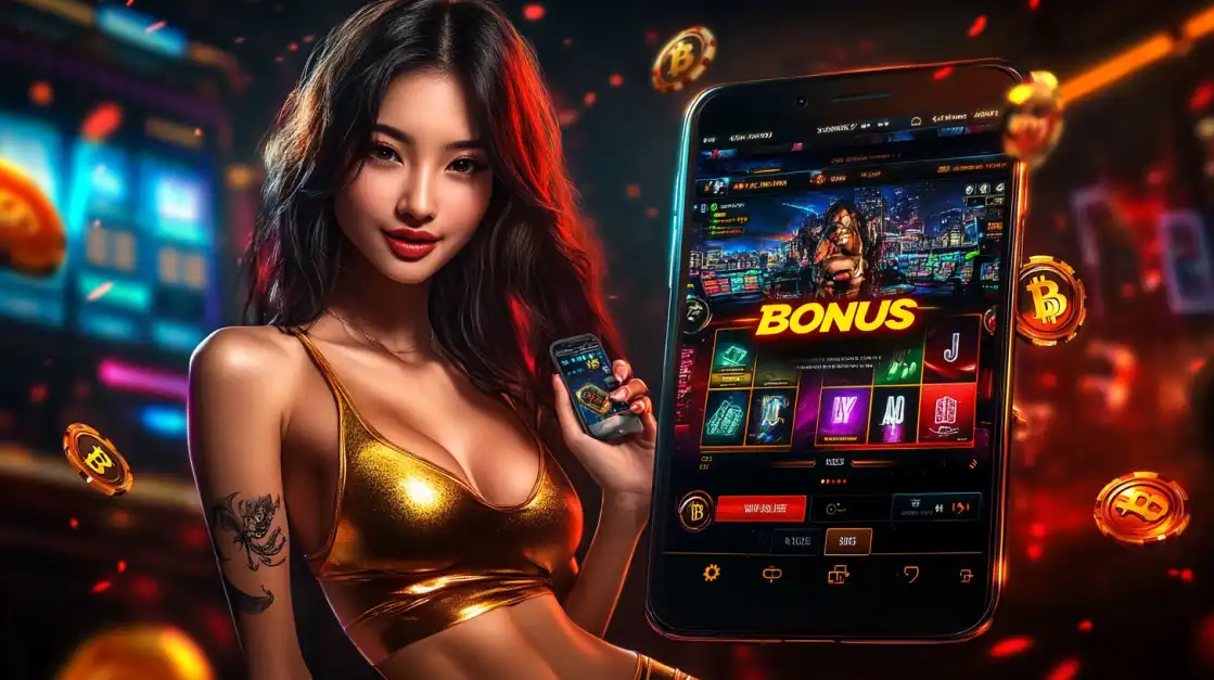 Strong woman in red top posing confidently with golden crypto coins floating in vibrant 6033bet.com casino background