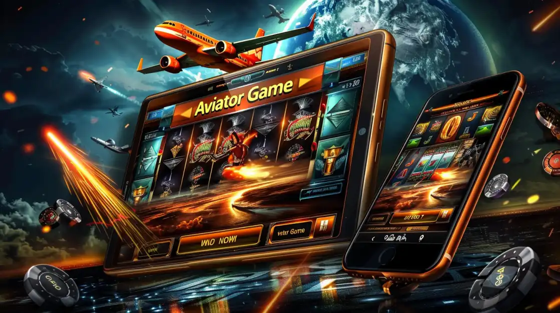 6033bet.com Aviator slot game displayed on tablet and smartphone with fiery jets flying across cosmic battlefield atmosphere