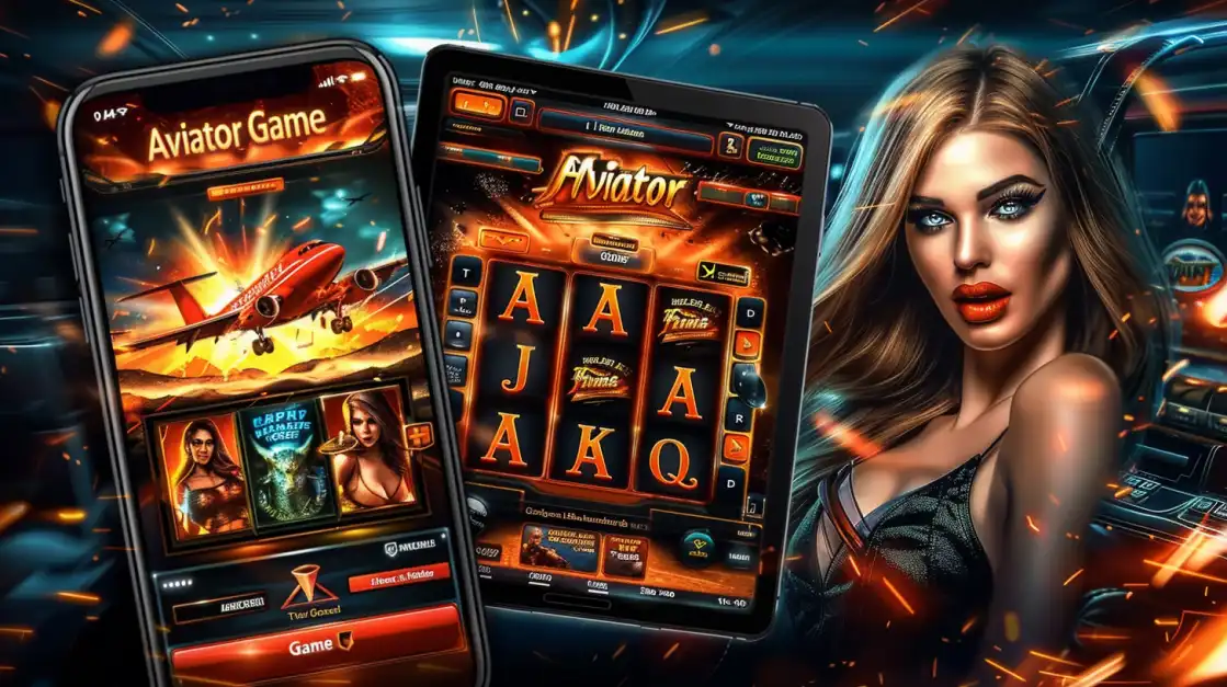 Stylish woman with red lips next to 6033bet.com Aviator slot game on mobile screens with fiery airplane takeoff effects