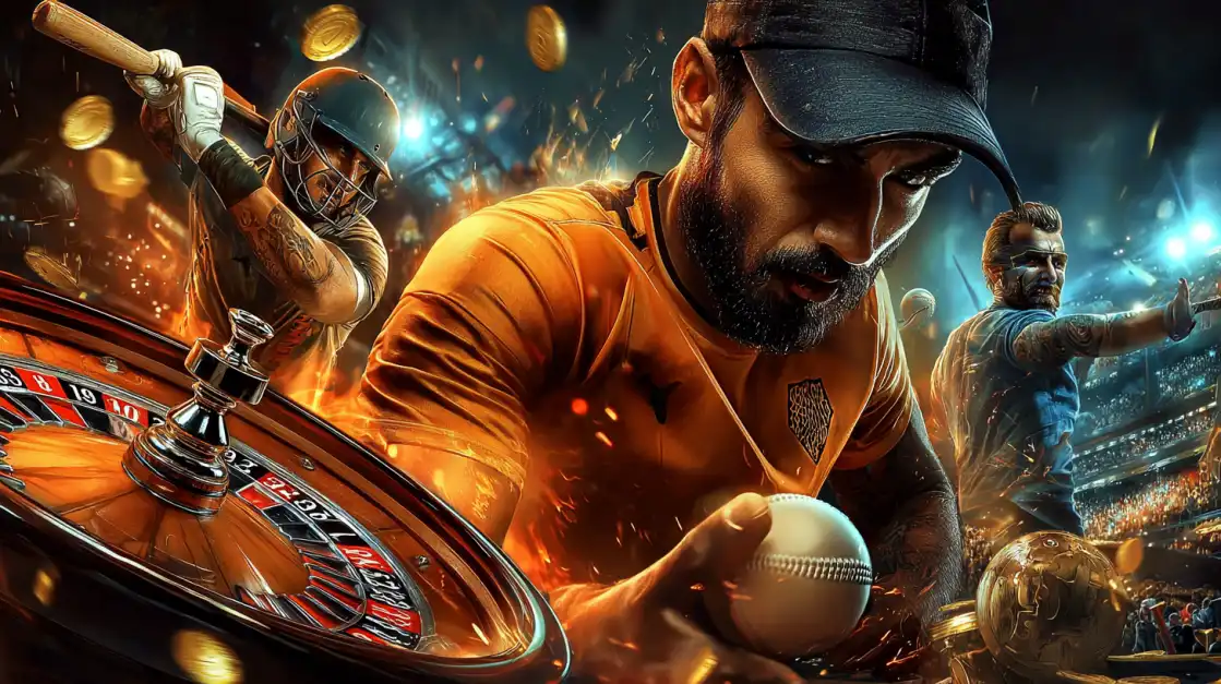 Intense sports scene with cricket player, baseball pitcher and roulette wheel in fiery stadium atmosphere promoting 6033bet.com sports casino