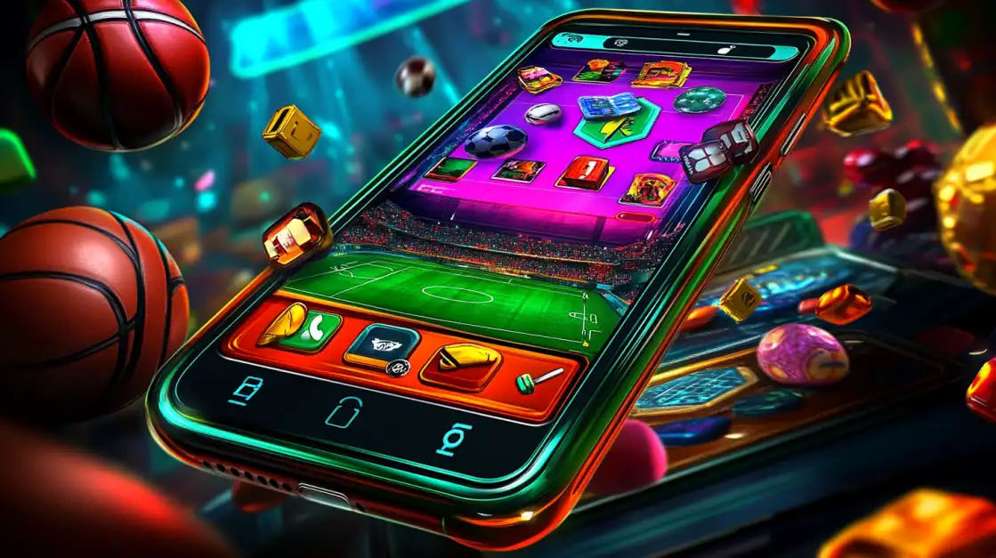 Smartphone with glowing 6033bet.com sports slot reels over football stadium field surrounded by basketballs and casino tokens in neon effects