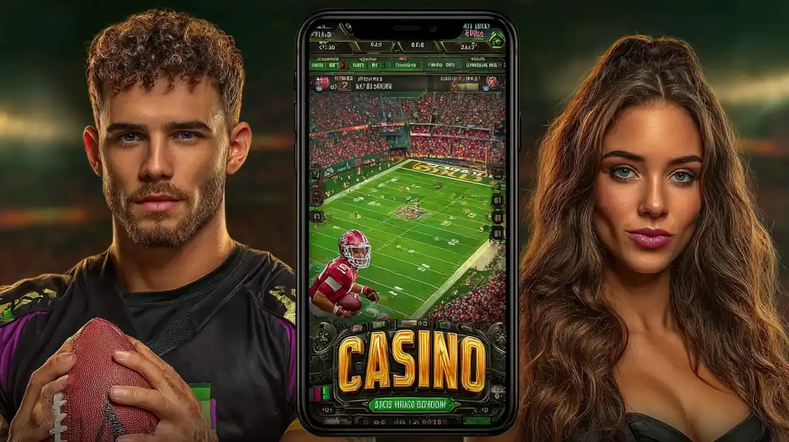 American football player and glamorous woman standing beside smartphone displaying 6033bet.com football casino slot in crowded stadium