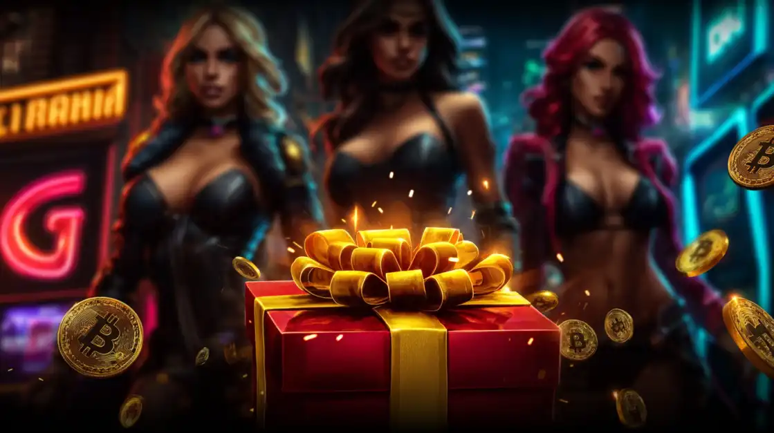 Two glamorous women in red and gold dresses posing in vibrant casino with 6033bet.com atmosphere, golden coins floating in the air around slot machines