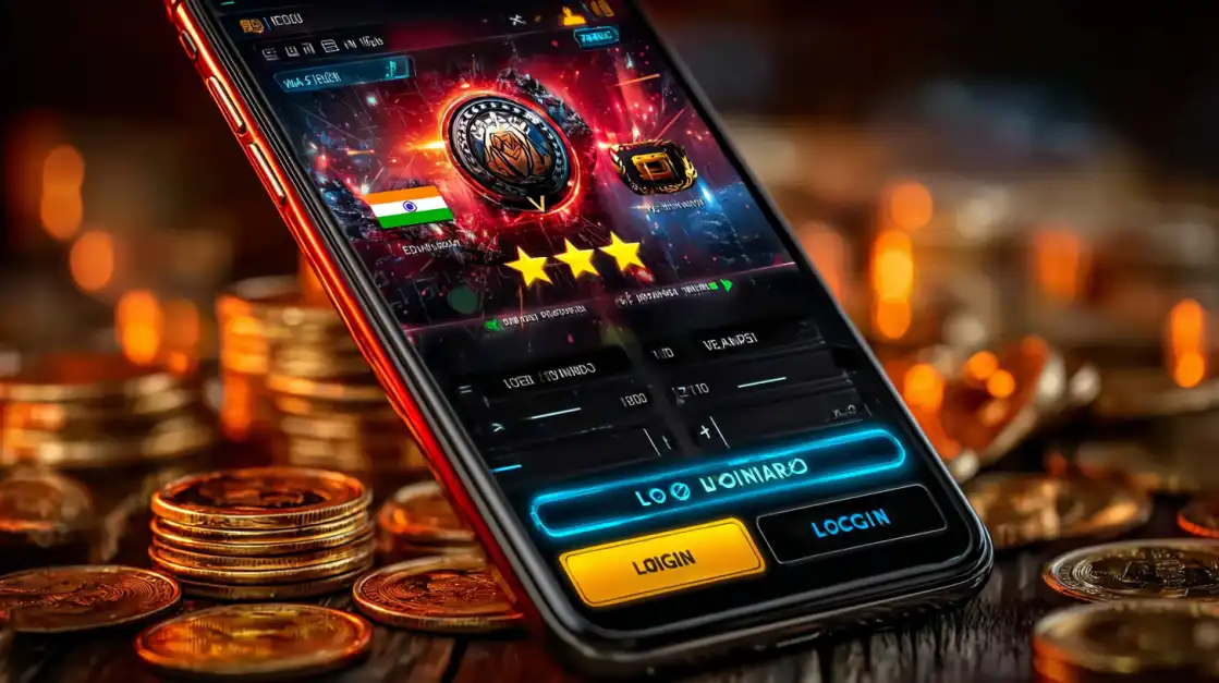 Mobile phone displaying 6033bet.com login screen with glowing casino background, golden coins stacked around creating premium online gaming vibe