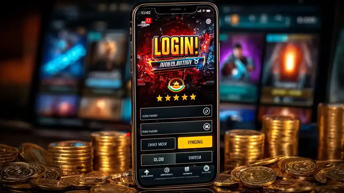 Smartphone lying on golden coins with 6033bet.com slot login screen showing Boxing Vegas theme, fiery neon lights creating casino atmosphere