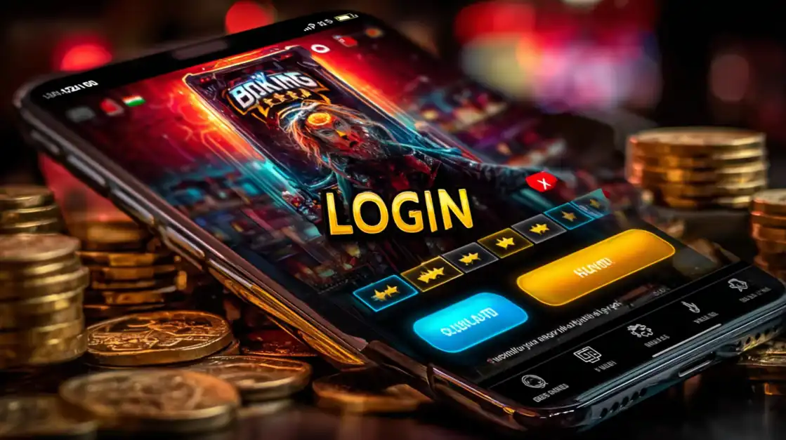 Smartphone screen showing 6033bet.com login interface with Indian flag and golden stars, surrounded by stacks of shiny coins in glowing casino light