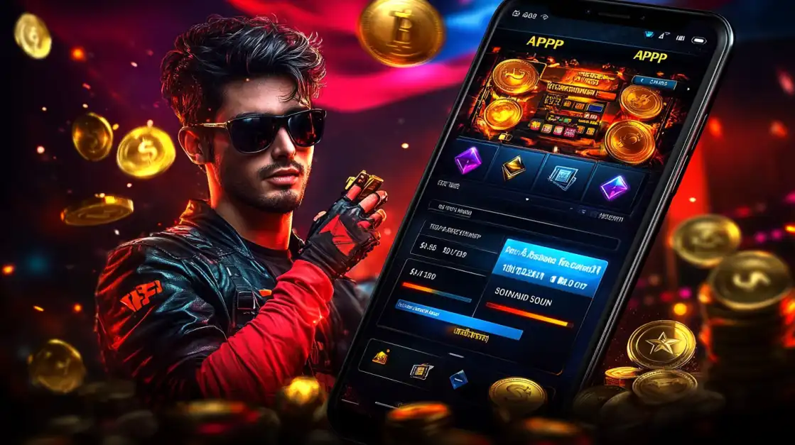 Smiling woman holding smartphone with 6033bet.com mobile slot app screen, surrounded by golden crypto coins in neon casino atmosphere