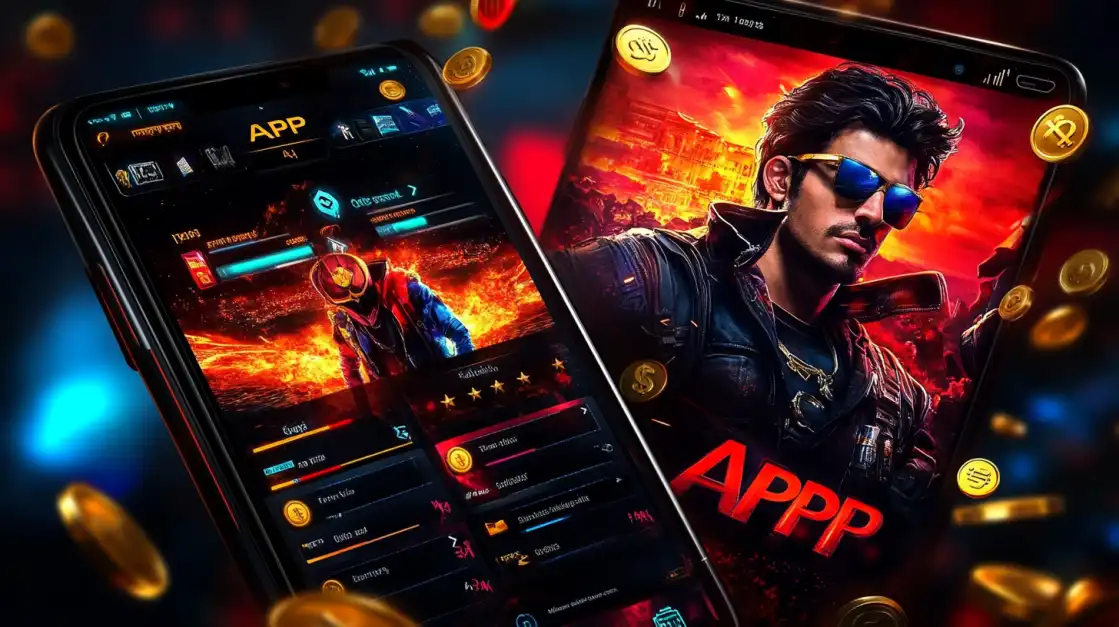 Stylish man in sunglasses with 6033bet.com casino mobile app on smartphone, golden coins floating around, futuristic gaming atmosphere full of energy